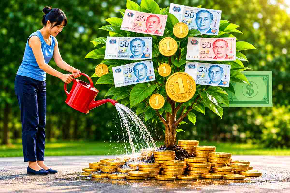 Woman watering a money tree with Singapore banknotes and coins representing wealth growth through investing