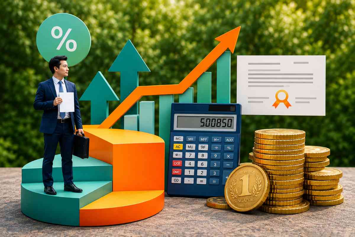 Businessman standing beside rising financial charts, calculator, and stacked coins showing investment returns and interest growth