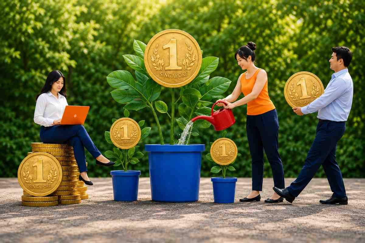 People nurturing coin plants and saving Singapore dollars to represent long-term investment growth