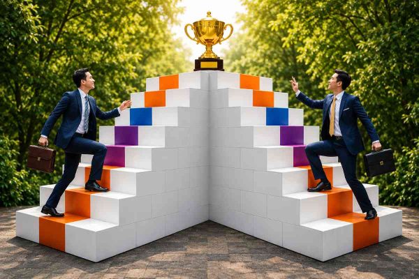 Business professionals climbing symmetrical staircases toward a trophy symbolizing competition and career success