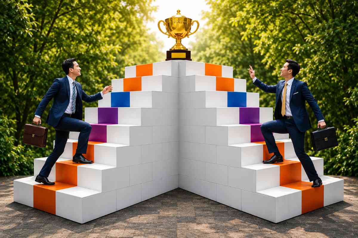 Business professionals climbing symmetrical staircases toward a trophy symbolizing competition and career success