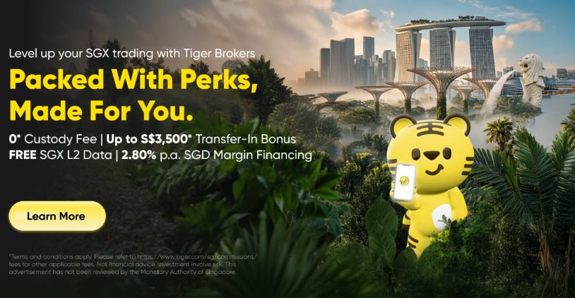 Tiger Brokers ad showing SGX trading perks with a tiger mascot in Singapore.