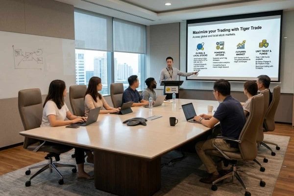 Team attending a presentation on trading strategies and the Tiger Brokers investment app in a modern Singapore office meeting room