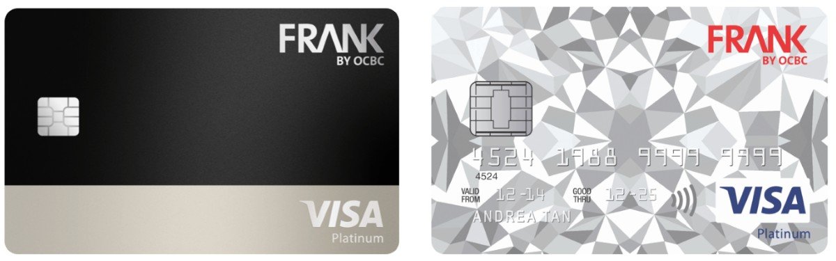 OCBC Frank Credit Card available in black and white designs, offering cashback on everyday purchases.