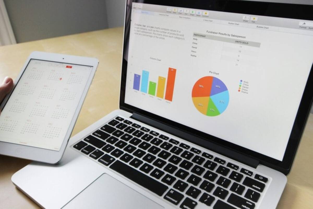 Laptop displaying charts and financial data used to track expenses, manage student loans and repayment, and monitor personal finances.