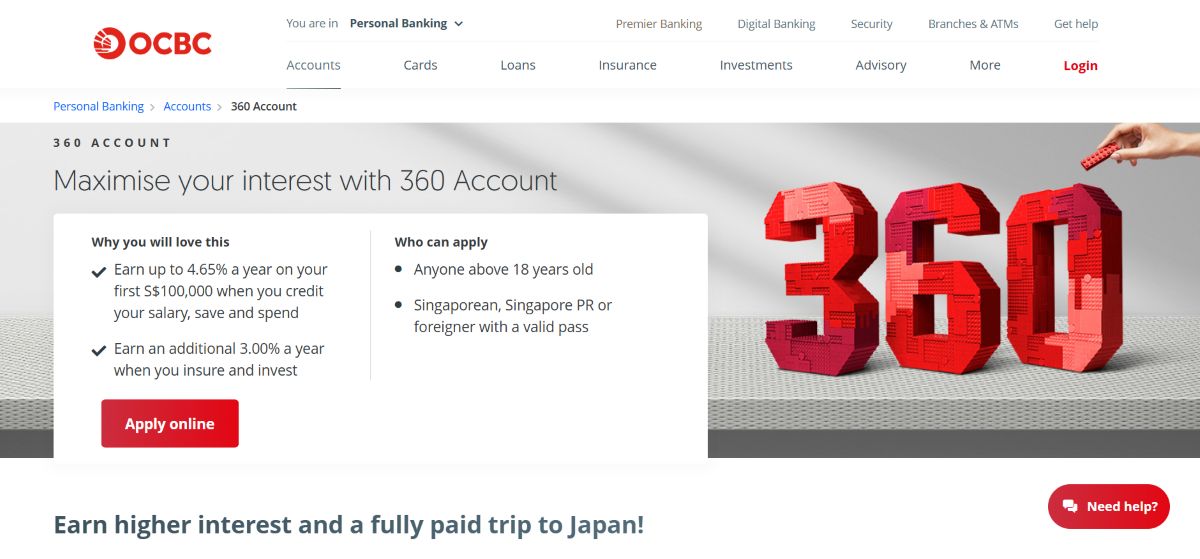 OCBC 360 Account webpage promoting a Singapore savings account with bonus interest for saving, spending and salary crediting.
