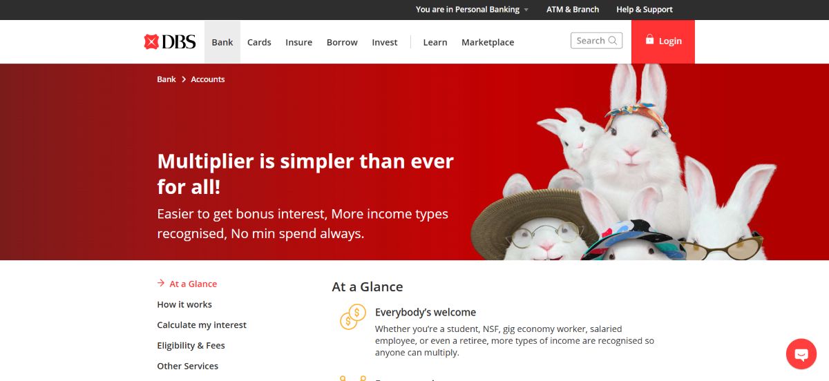 DBS Multiplier account webpage explaining how a Singapore savings account offers higher bonus interest.