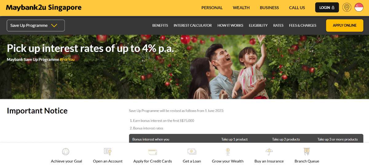Maybank Save Up Programme webpage showcasing a Singapore savings account with bonus interest benefits.