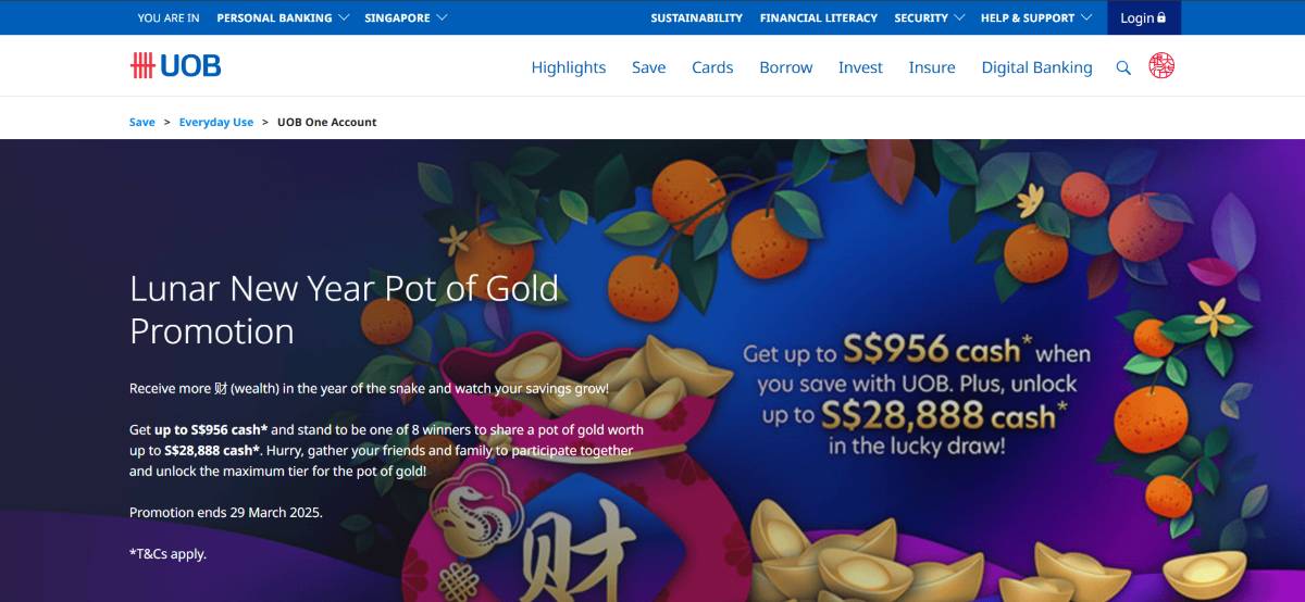 UOB One Account promotional page highlighting a Singapore savings account with bonus cash rewards.