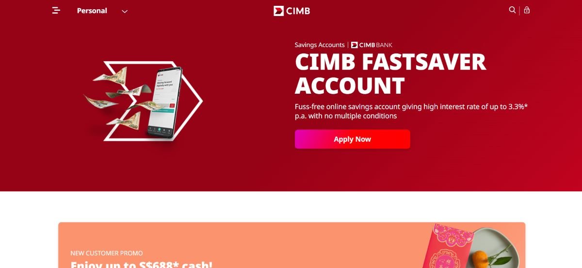 CIMB FastSaver webpage promoting a Singapore savings account with competitive interest rates.