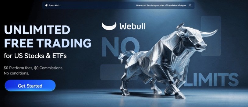 Webull Singapore ad promoting unlimited free trading for US stocks and ETFs, featuring a metallic bull sculpture and a "Get Started" button.