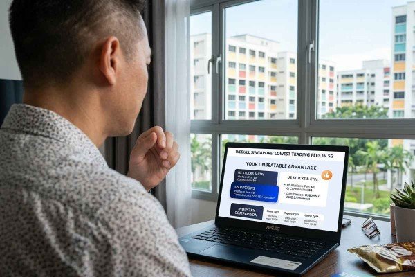 Investor comparing stock trading fees on a laptop at home using Webull Singapore before making an investment decision