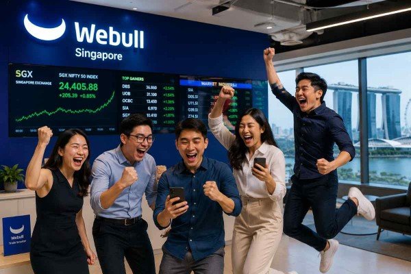 Singaporeans celebrating strong market gains at the Webull Singapore office while tracking stock performance on the trading platform
