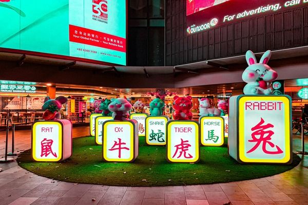 Chinese zodiac animal display featuring the 12 zodiac signs at a festive outdoor installation.