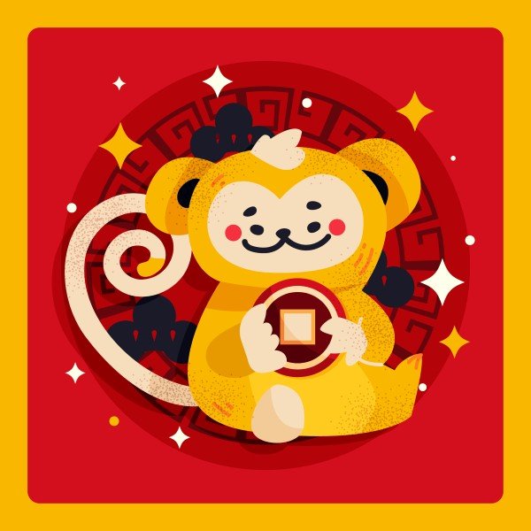 Cute monkey illustration holding a lucky coin, representing the Chinese zodiac for wealth and prosperity.