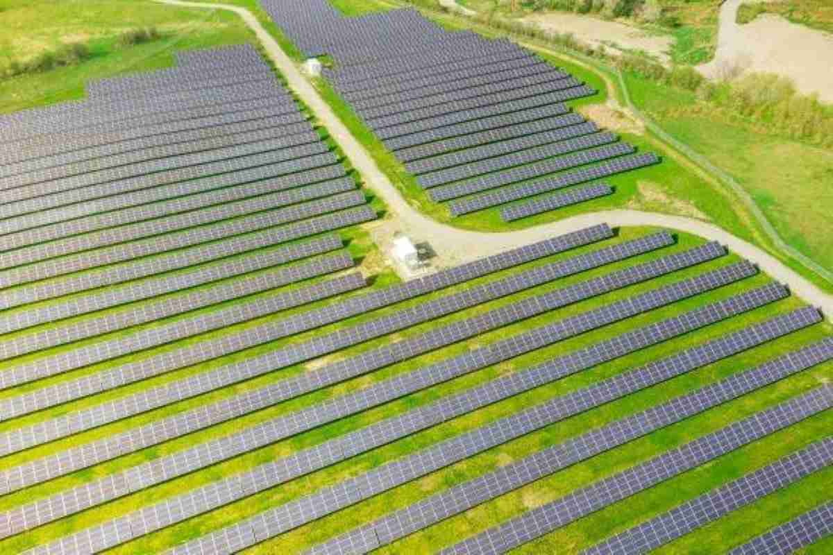 Large solar farm generating renewable energy, highlighting sustainable investing in clean energy projects.