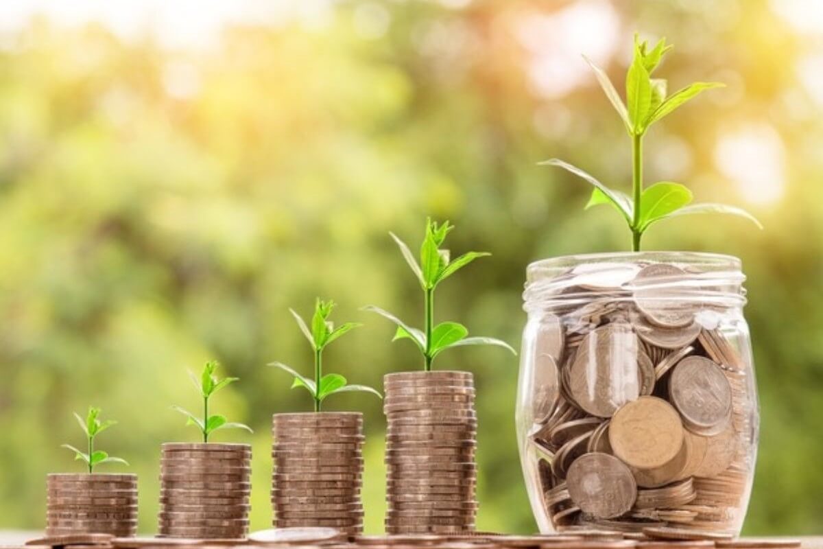 Coins stacked with growing plants and a savings jar, symbolising wealth building while managing debt through consistent saving and investing.