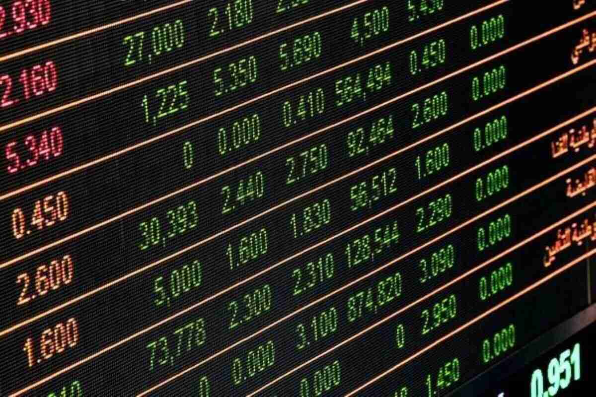 Stock market board displaying changing prices as investors react to trump tariff developments.