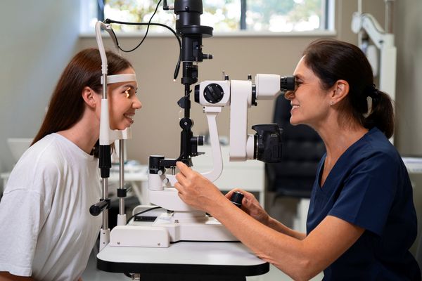 Eye specialist performing a vision examination before LASIK in Singapore using advanced diagnostic equipment.