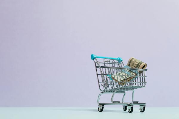 A photo of a miniature shopping cart with paper bills inside