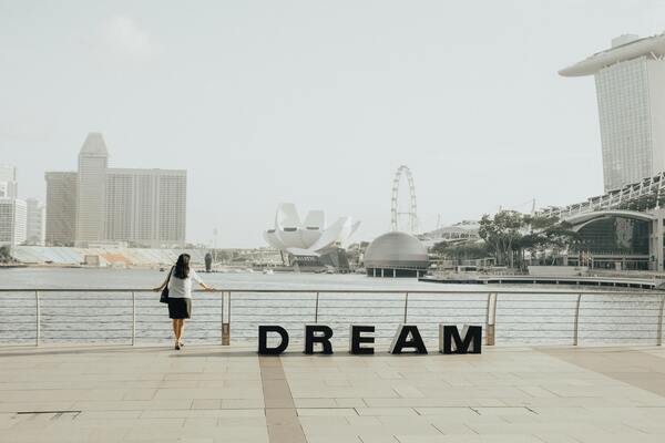 A photo of a woman standing beside the metal railings with the word DREAM displayed infront