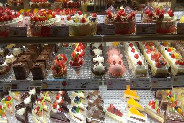 Close-up pastries displayed on a shelf