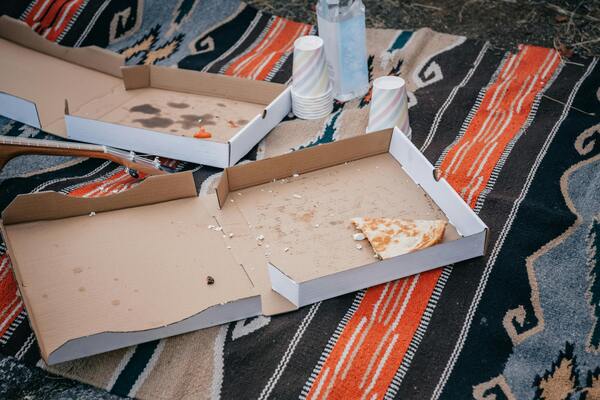 Boxes of pizza on picnic blanket
