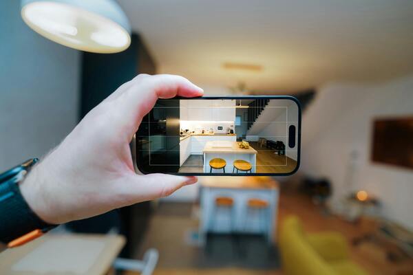 A smartphone capturing a modern kitchen interior