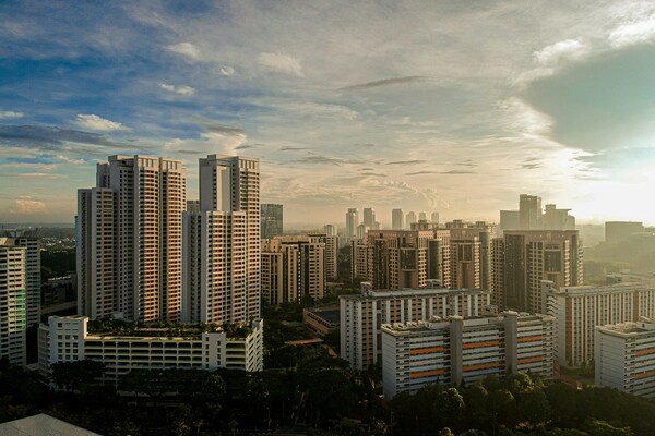 A city skyline with tall buildings.