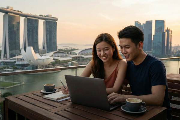 Couple managing their money while using a laptop