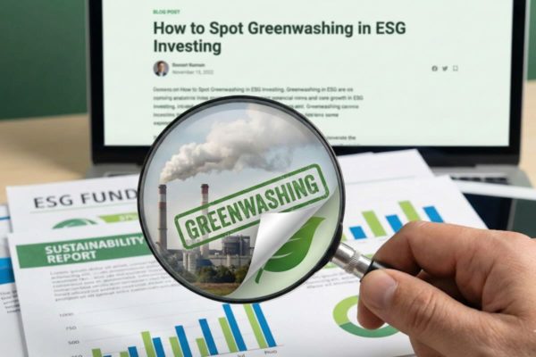 Magnifying glass revealing greenwashing claims in ESG reports, showing how to spot greenwashing in financial products.