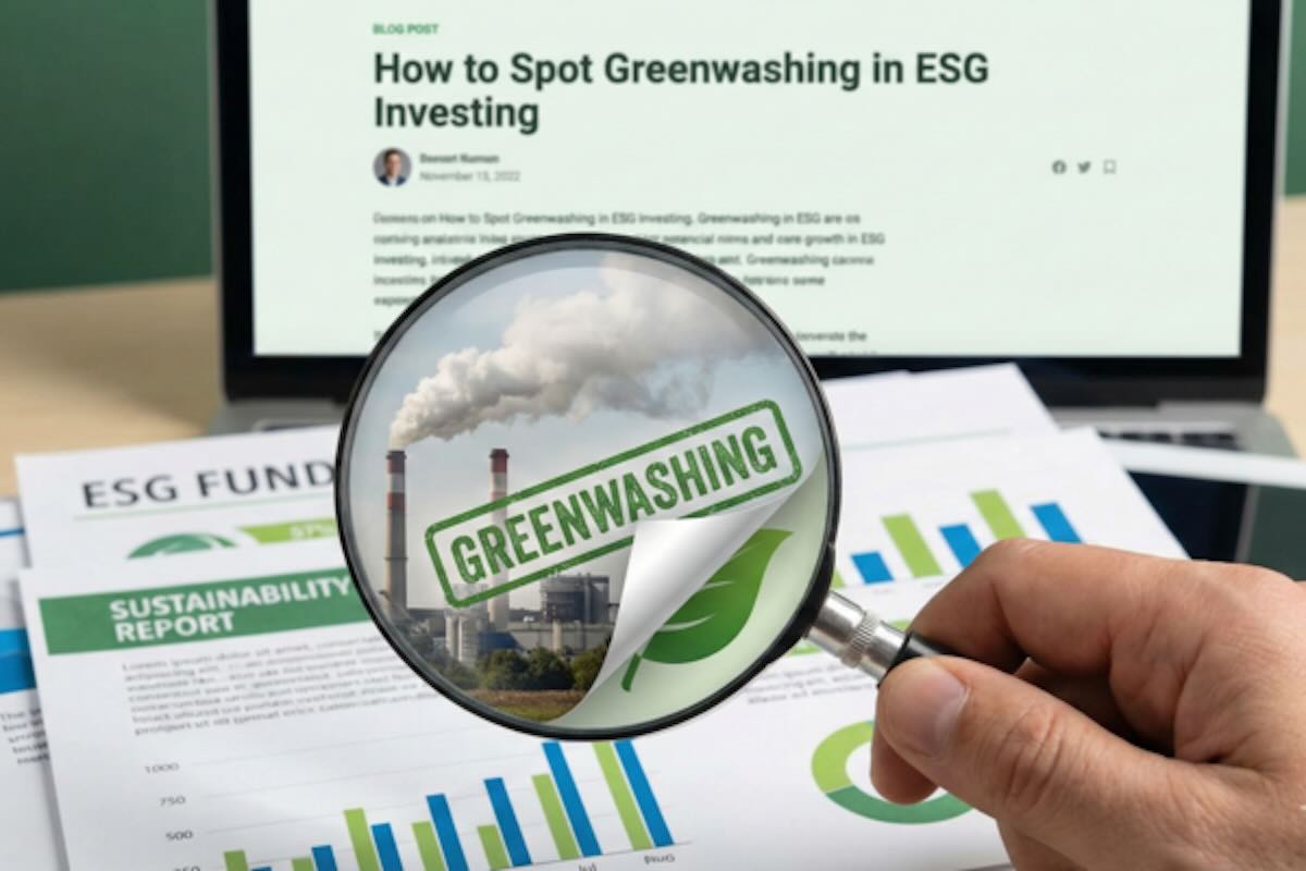 Magnifying glass revealing greenwashing claims in ESG reports, showing how to spot greenwashing in financial products.