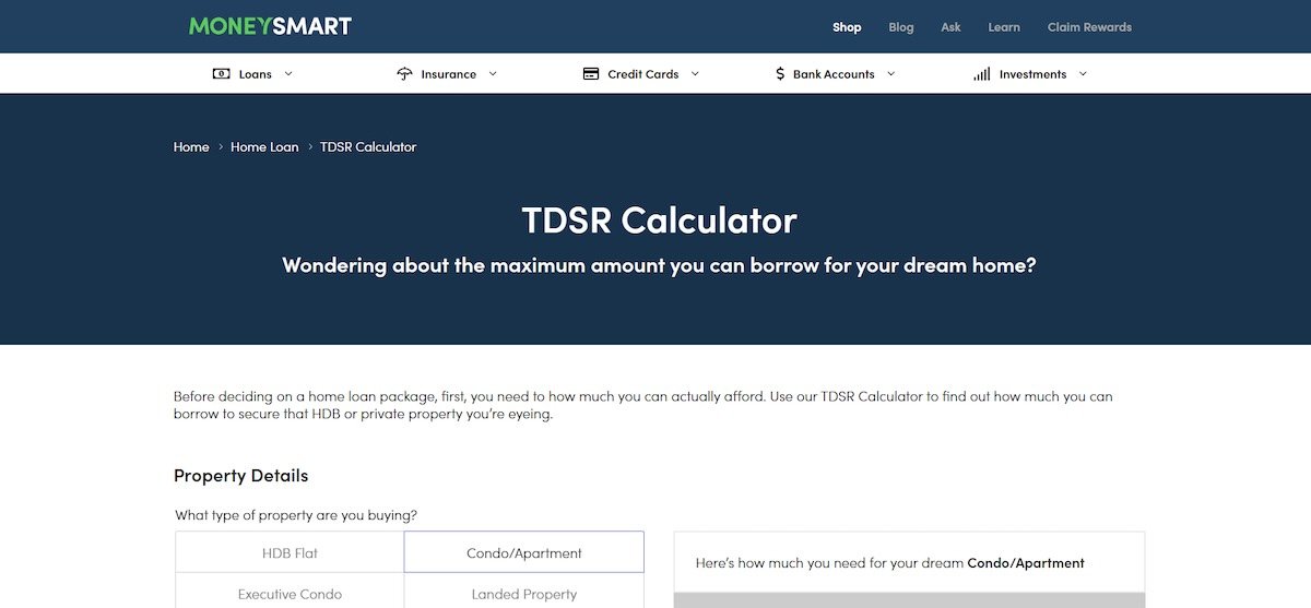 MoneySmart TDSR online financial calculator for estimating your home loan borrowing limit in Singapore.