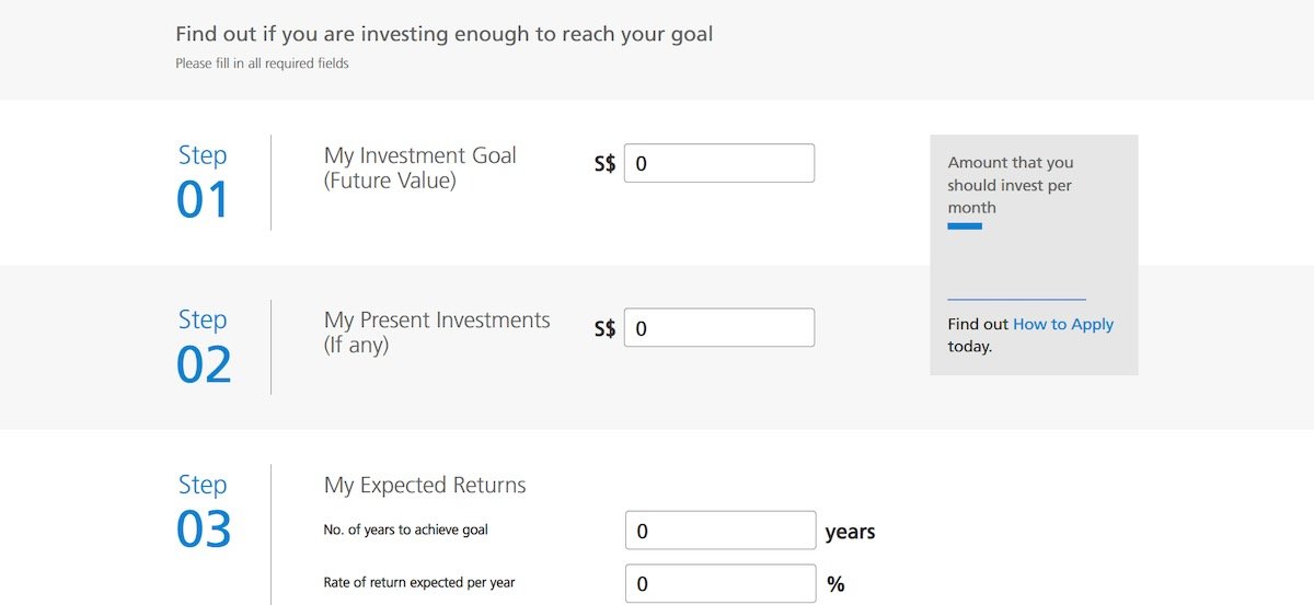 POSB investment goal online financial calculator for estimating monthly savings needed to reach your target.