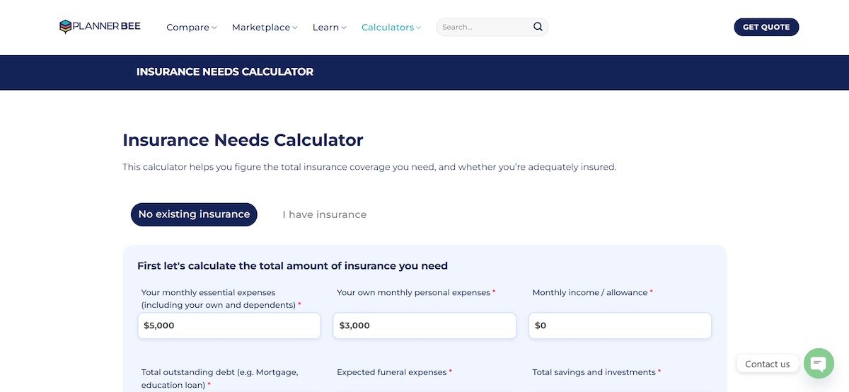 Planner Bee Insurance Needs online financial calculator for estimating the right amount of insurance coverage.