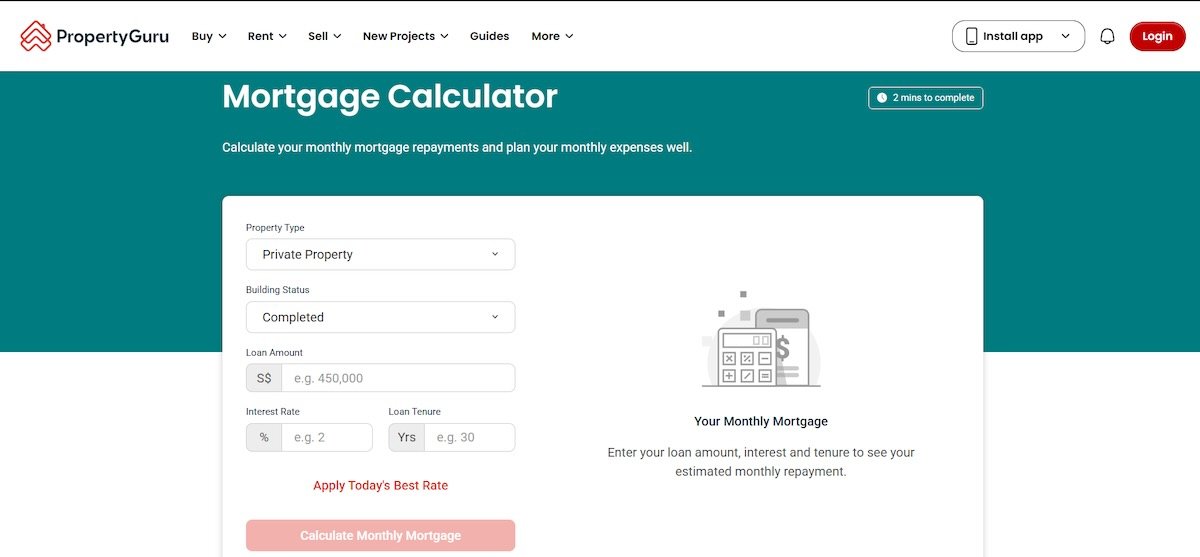 PropertyGuru mortgage online financial calculator for estimating monthly home loan repayments.