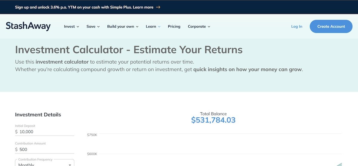 StashAway investment online financial calculator for estimating long-term portfolio returns.