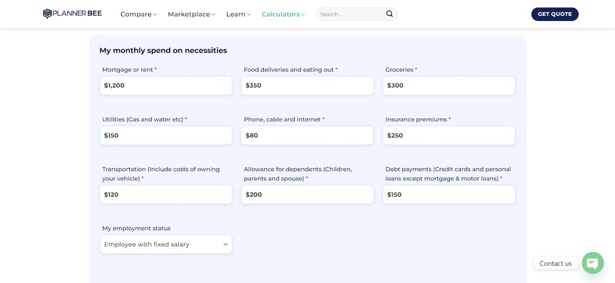 Planner Bee online financial calculator for tracking monthly expenses and estimating insurance needs.