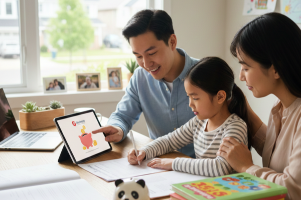Parents teaching a child to save money