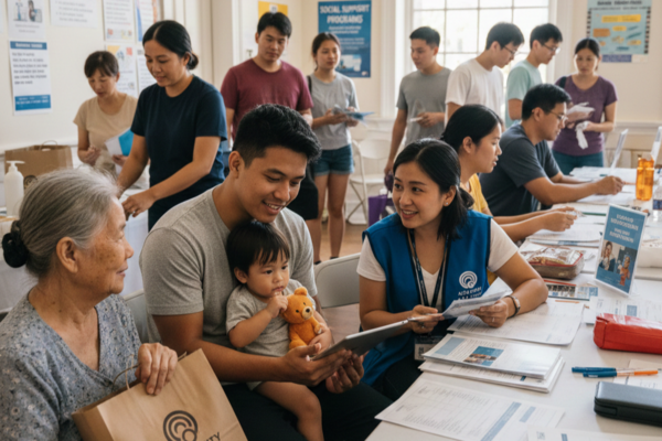 Family receiving guidance from a social service officer at a community support center, illustrating social assistance programs, caregiving, and financial aid.