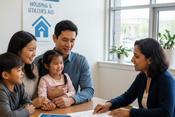 Family meeting with a caseworker at a housing and utilities aid office, illustrating government assistance, family support, and social welfare programs.