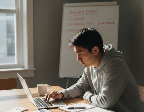 Man working on a laptop at home with a whiteboard labeled monthly budget, symbolizing financial planning, expense management, and cost control.