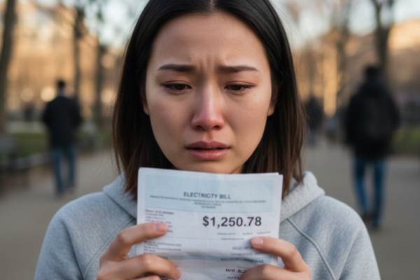 Woman crying over bills of expenses