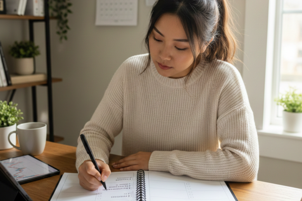 Woman writing on a notebook