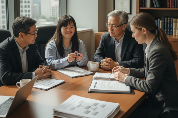 Family meeting with financial advisors at a conference table, discussing documents and planning for special needs financial and estate planning.