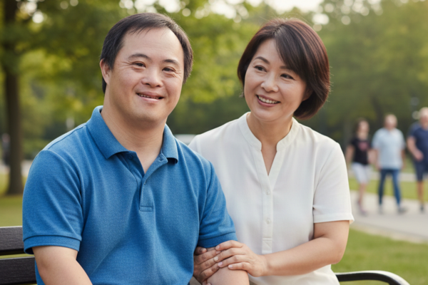 Middle-aged parents sitting together on a park bench, smiling and relaxed, representing family support, long-term care planning, and financial security.