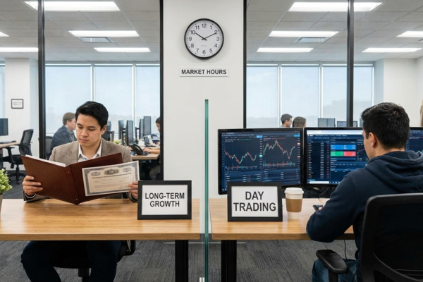 Office comparison showing long-term growth investing versus day trading, with traders at desks and signs highlighting different investment strategies.