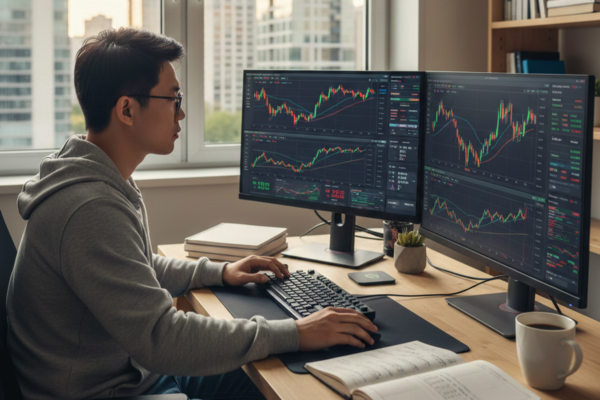 Young man analyzing stock market charts on dual monitors at a home office, representing active trading, technical analysis, and online investing.