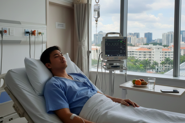 Patient resting in a hospital bed with vital signs monitor, representing inpatient care and hospitalisation in Singapore