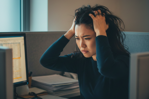 A woman with her hands on her hair as a sign of stress